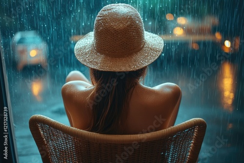A person sits in a chair getting wet in the rain, suitable for use in weather or mood-related contexts