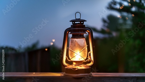 夕暮れ時の木製ポーチに置かれた温かく光る古風なランタン