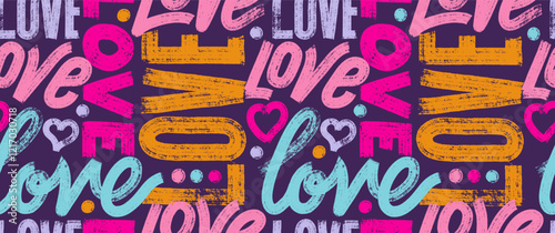 Abstract chaotic inscriptions love with line hearts seamless pattern . Hand painted with a dry brush on canvas. Pastel color background. Wallpaper seamless pattern for girls, Valentines day.