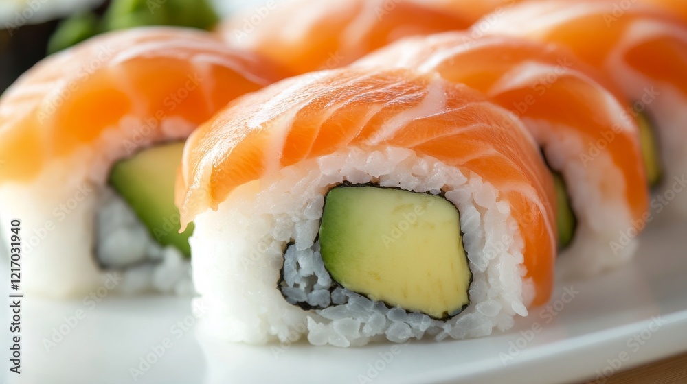 Close-up of rice and Japanese sushi with salmon and avocado on a traditional sushi plate, emphasizing fresh and delicate nature. Ideal for Japanese cuisine and sushi dishes. Close-up of rice and Japanese sushi with salmon and avocado on a traditional sushi plate, emphasizing fresh and delicate nature. Ideal for Japanese cuisine and sushi dishes.