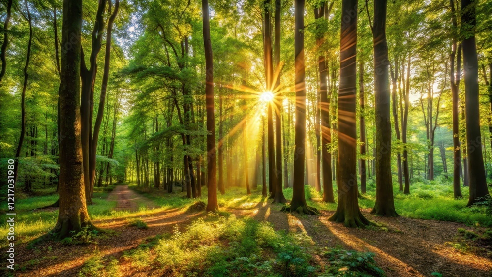 Fototapeta premium Warm sunlight filtering through a dense forest, illuminating the trees and undergrowth, dappled shade, daytime