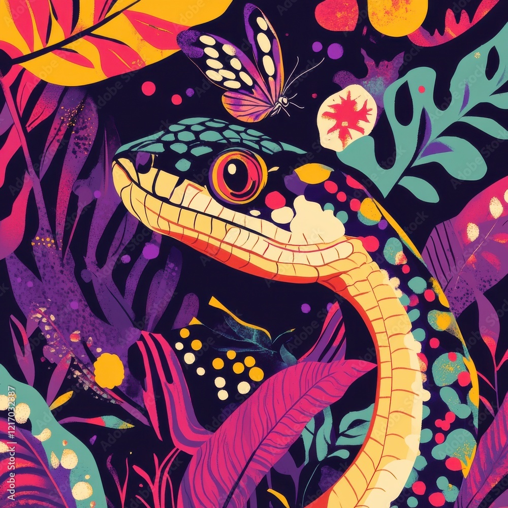 Festival cover design, featuring snake and butterfly, vibrant colors, bold typography, cultural motifs with a contemporary twist. Festival cover design, featuring snake and butterfly, vibrant colors, bold typography, cultural motifs with a contemporary twist.