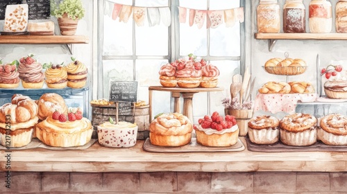 Wallpaper Mural A delightful display of freshly baked pastries and cakes on a charming wooden counter, inviting dessert lovers with vibrant colors and tempting aromas. Torontodigital.ca