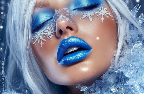 Stunning woman with blue lips and snow-white hair.