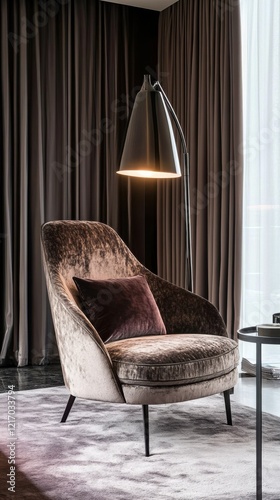 A luxurious modern armchair with a velvet texture, paired with a sleek floor lamp, creates an elegant atmosphere in an interior setting. photo