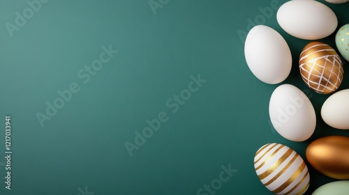 A chic arrangement of assorted white and gold Easter eggs on a teal background, creating a striking contrast and botanical touch with decorative elements.