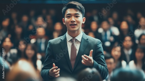 Confident Young Businessman Delivering a Speech to a Large Audience