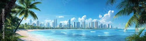 A stunning beach view showcasing a vibrant city skyline under a bright blue sky, perfect for evoking a sense of relaxation and adventure.