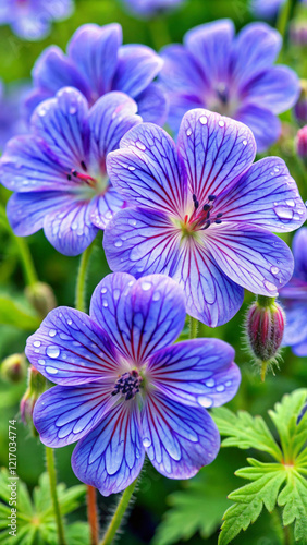 A geranium with sparkling blue and silver petals that are soft and fluffy to the touch