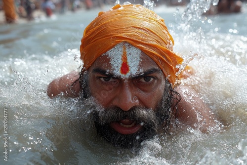 A person wearing a turban swims in the water, an illustration of cultural diversity and faith