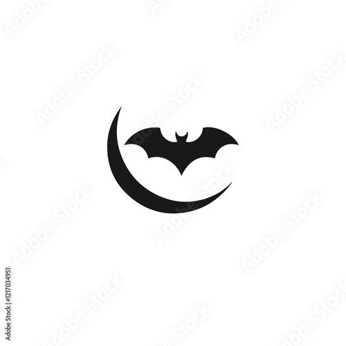 Silhouette of a crescent moon with flying bats on a white background