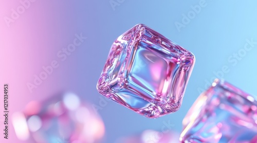 A glowing pink and blue translucent cube floats in a pastel background, evoking a futuristic, digital theme with virtual reality and blockchain concepts.