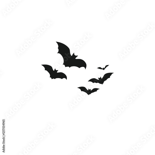 Silhouette of a crescent moon with flying bats on a white background