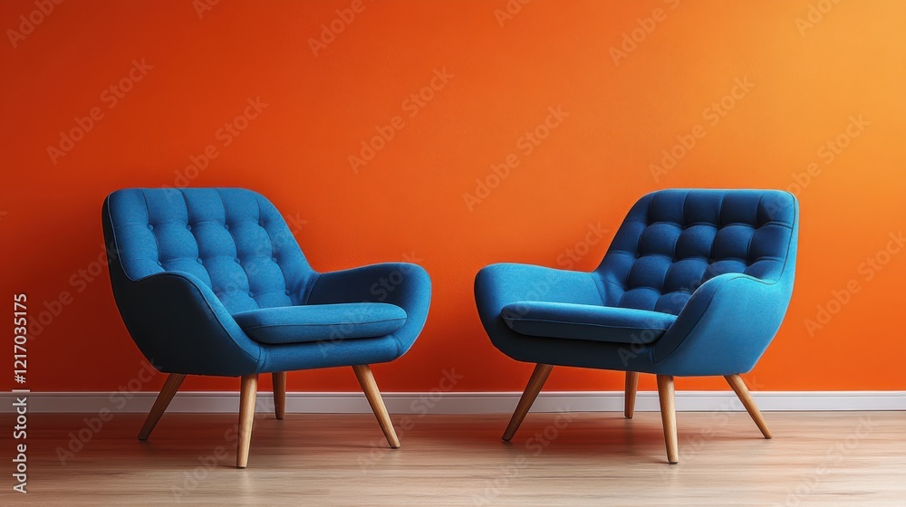 Fototapeta premium Two minimalist blue armchairs in scandinavian style, orange background