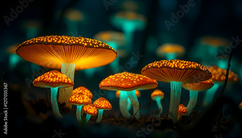 Glowing bioluminescent mushrooms, fantasy forest, vibrant orange and teal colors, macro photography, dark background, magical atmosphere, ethereal lighting, surreal nature scene, high contrast, shallo photo