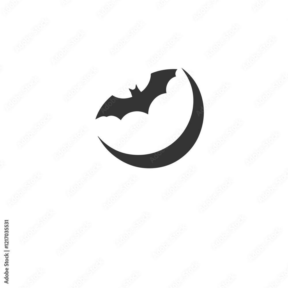 Silhouette of a crescent moon with flying bats on a white background Silhouette of a crescent moon with flying bats on a white background