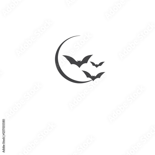 Silhouette of a crescent moon with flying bats on a white background