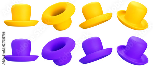 3d yellow and purple top set hat. Stock vector illustration on isolated background.
