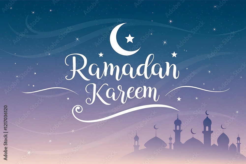 Ramadan Kareem typography greeting card with crescent moon and mosques Ramadan Kareem typography greeting card with crescent moon and mosques