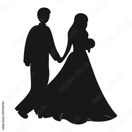 Black Silhouette vector illustration of a Wedding couple holding hands and walking  isolated on a transparent background