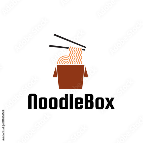 Chinese noodles in paper box and chopsticks logo design.