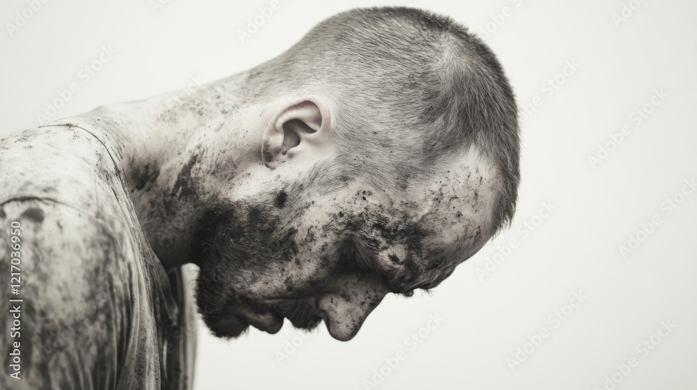 A distressed individual with a dirty face and hair, looking down in a somber atmosphere A distressed individual with a dirty face and hair, looking down in a somber atmosphere