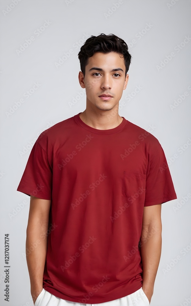 A man wearing a red t-shirt with a pocket. A man wearing a red t-shirt with a pocket.