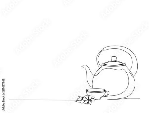 Continuous one line drawing of kitchen teapot - tea pot.  A cup of tea and teapot in single line draw illustration. Editable stroke.