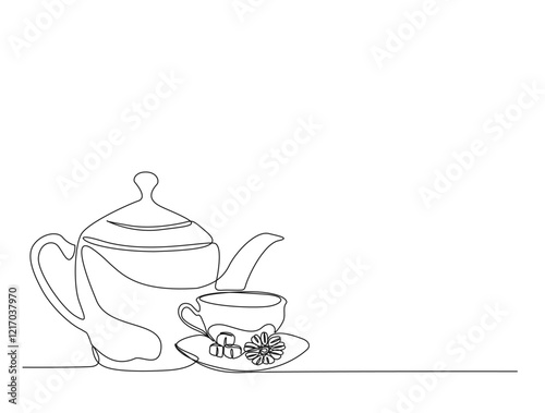 Continuous one line drawing of kitchen teapot - tea pot.  A cup of tea and teapot in single line draw illustration. Editable stroke.