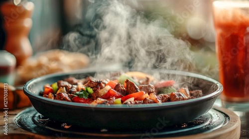 Hot sizzling dish served on a black plate with flavorful vegetables in a cozy restaurant setting