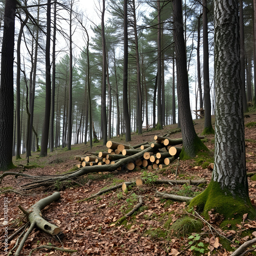 Cumuli di legno tagliato inella foresta del Cansiglio, testimonianze degli alberi spezzati dal passaggio della tempesta Vaia nel 2018 photo