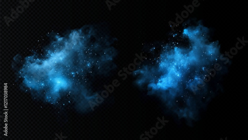 Amazing misty effect with shimmering smoke blue and sparkling tiny stars. A glowing fog filled with luminous particles, blue vapor sprinkled with stardust.