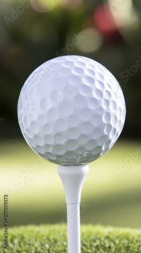 A close-up cinematic shot of a golf ball on a tee, set against a blurred green background. The image showcases the ball's dimples and texture. photo