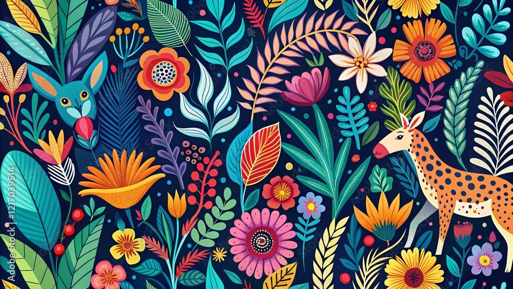 Panoramic Abstract Floral Background with Modern Animal Elements - Stock Photo Panoramic Abstract Floral Background with Modern Animal Elements - Stock Photo