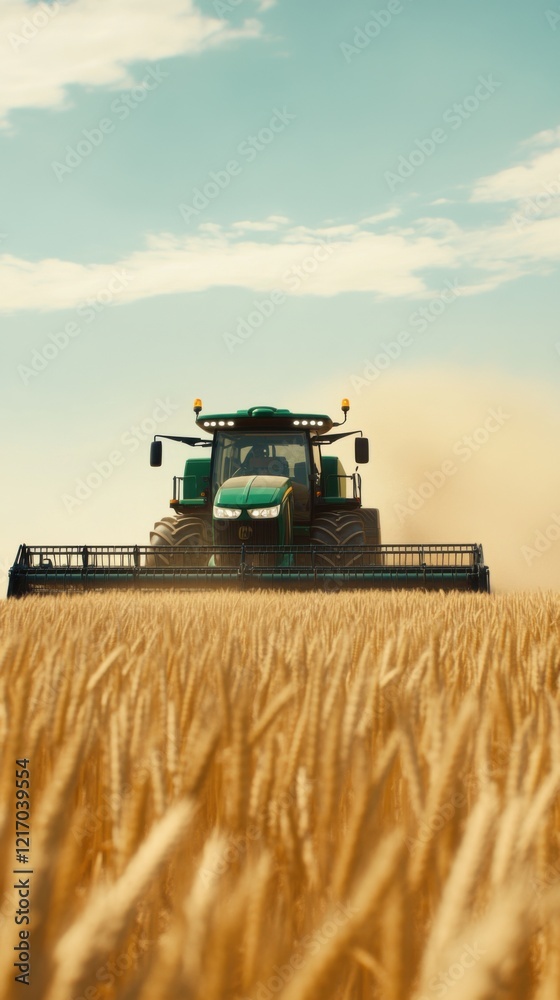 Fototapeta premium A green combine harvester efficiently works through a golden wheat field under a clear sky, showcasing modern agricultural technology in action.