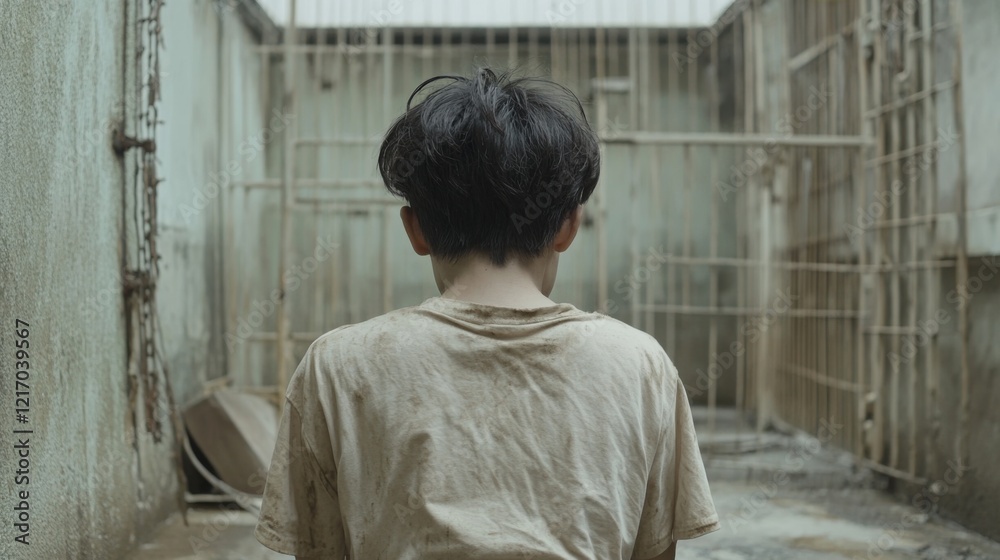 A solitary child in a dilapidated room, reflecting on isolation amidst rusty cages and shadows A solitary child in a dilapidated room, reflecting on isolation amidst rusty cages and shadows