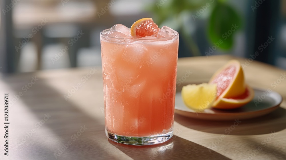 Refreshing cocktail with ice and citrus slices on a wooden table during bright daylight Refreshing cocktail with ice and citrus slices on a wooden table during bright daylight