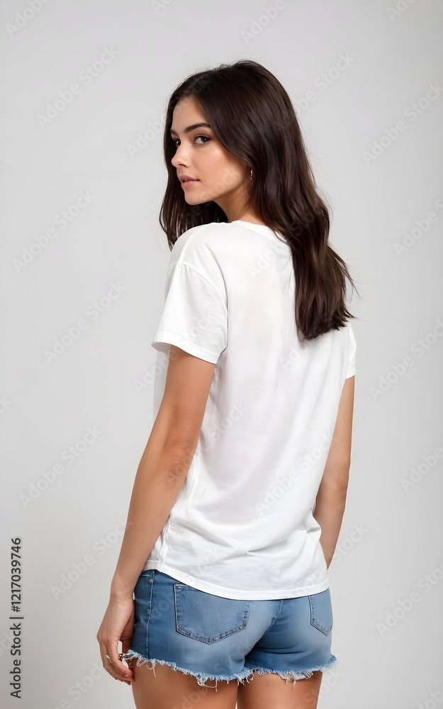 a woman wearing a white t - shirt and denim shorts a woman wearing a white t - shirt and denim shorts