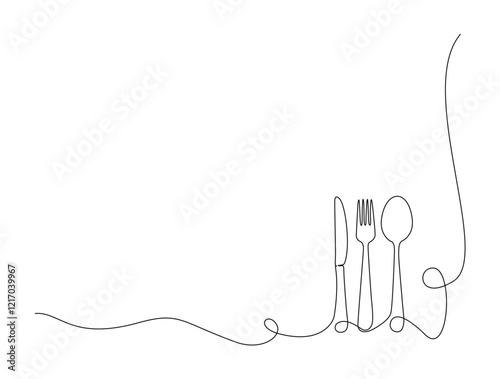 Continuous one line drawing of spoon, fork and knife design. Kitchen utensils in single line draw illustration. Editable stroke.