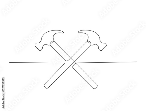 Continuous one line drawing of hammer carpentry equipment. Hammers in single line draw illustration. Editable stroke.