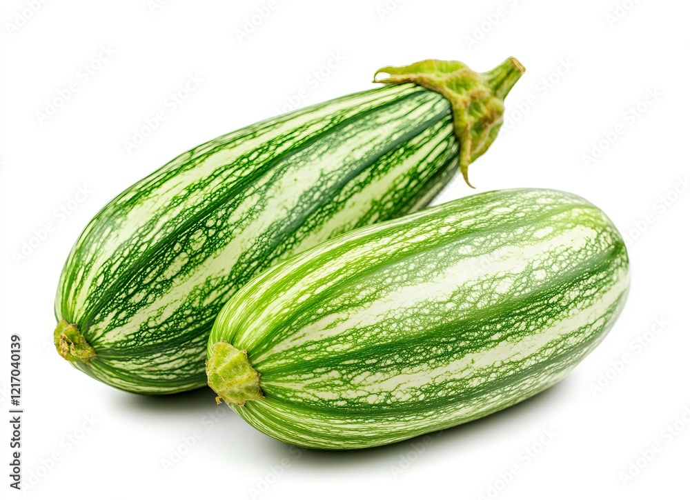 Green Thai eggplant on a white background, isolated. Asian green Thai small striped eggplant in front view. Green Thai eggplant on a white background, isolated. Asian green Thai small striped eggplant in front view.