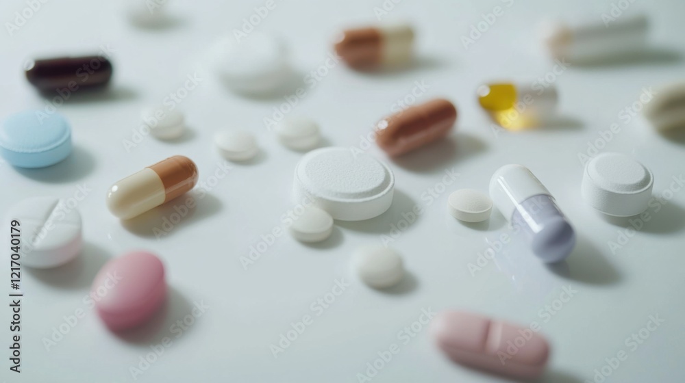 A close-up view of a selection of various pills and capsules on a white surface, with a focus on detail and organization, Minimalist style A close-up view of a selection of various pills and capsules on a white surface, with a focus on detail and organization, Minimalist style