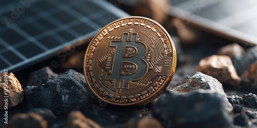 Bitcoin coin resting on rocky terrain near solar panels highlighting renewable energy and cryptocurrency's role in modern finance