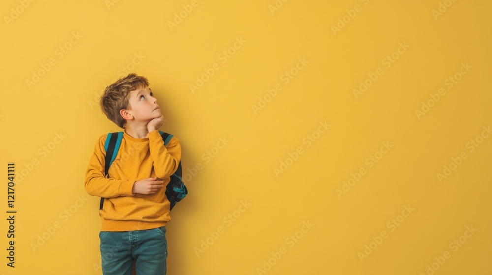A thoughtful boy in a yellow sweater and backpack gazes upward against a bright yellow wall A thoughtful boy in a yellow sweater and backpack gazes upward against a bright yellow wall