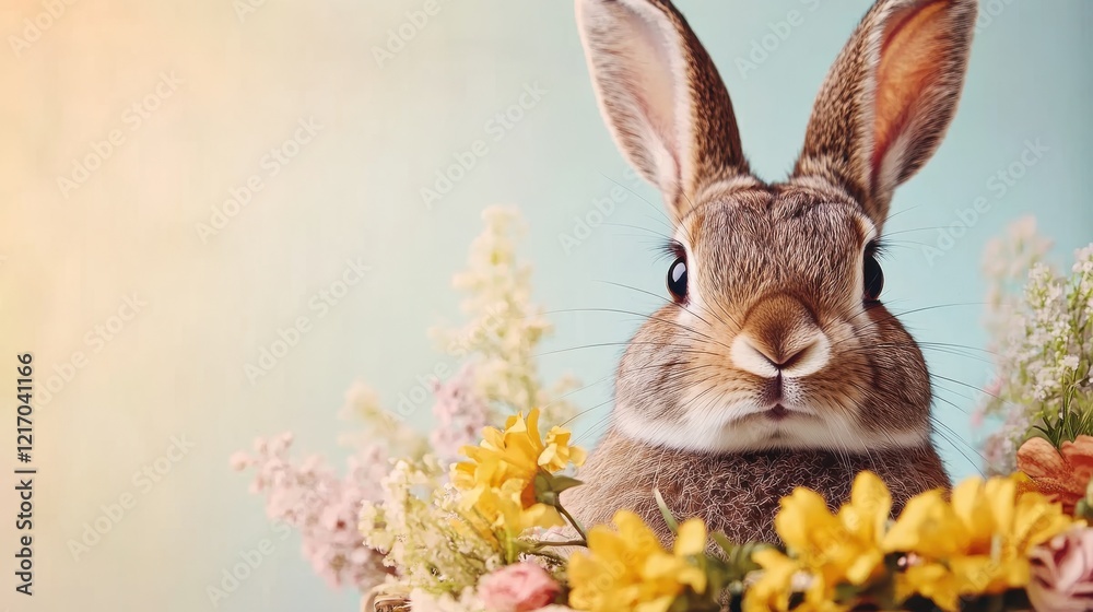 A delightful rabbit sits amidst a colorful array of flowers, embodying the charm of nature in springtime, evoking feelings of joy, innocence, and tranquility in a beautiful setting.