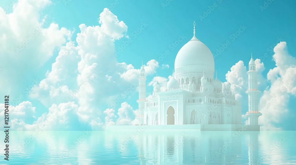 Obraz premium White palace on tranquil water, surrounded by clouds.