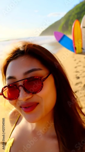 Stylish Woman at Sunset Beach Wearing Red Sunglasses
