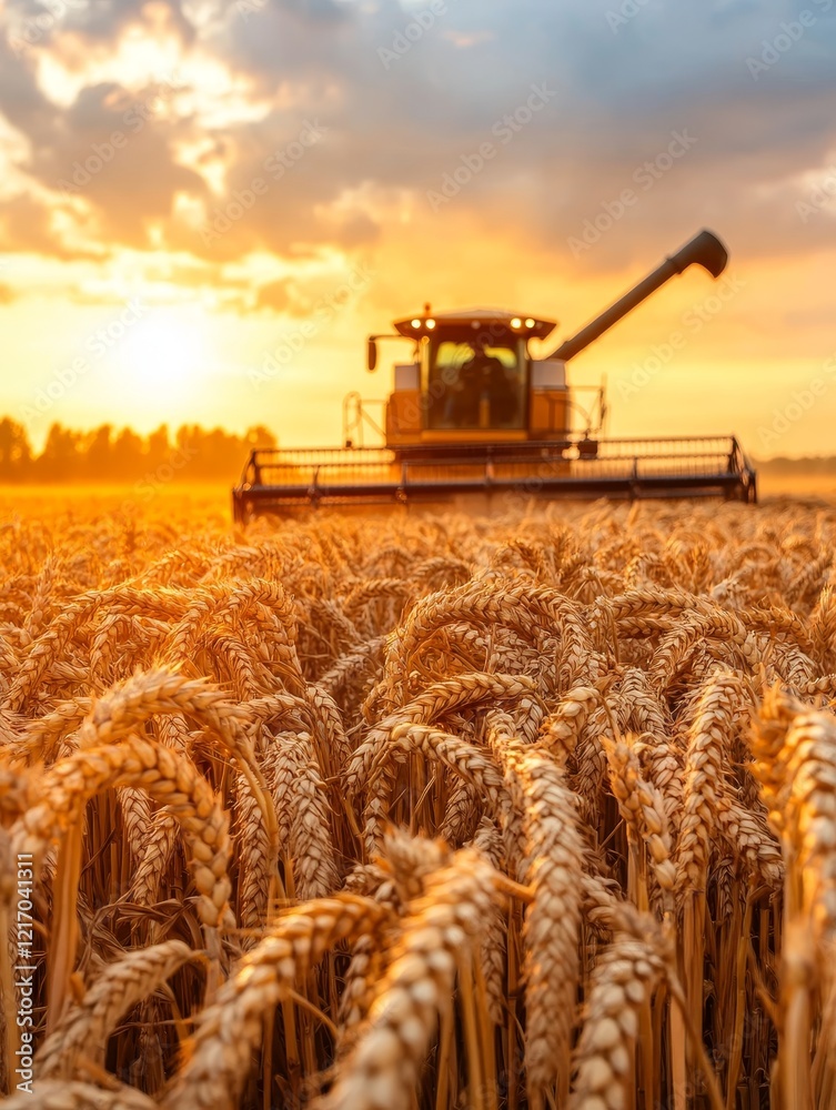 Fototapeta premium Wheat harvest at sunset with a combine harvester in a golden field
