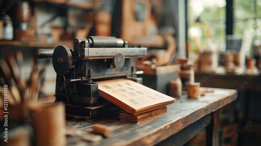 Fototapeta premium Vintage Rustic Woodworking Workshop with Antique Tools and Equipment on Wooden Workbench