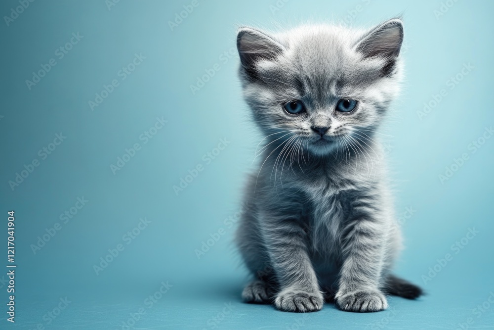Obraz premium A small gray kitten sitting on a blue surface, great for pet or animal-themed designs